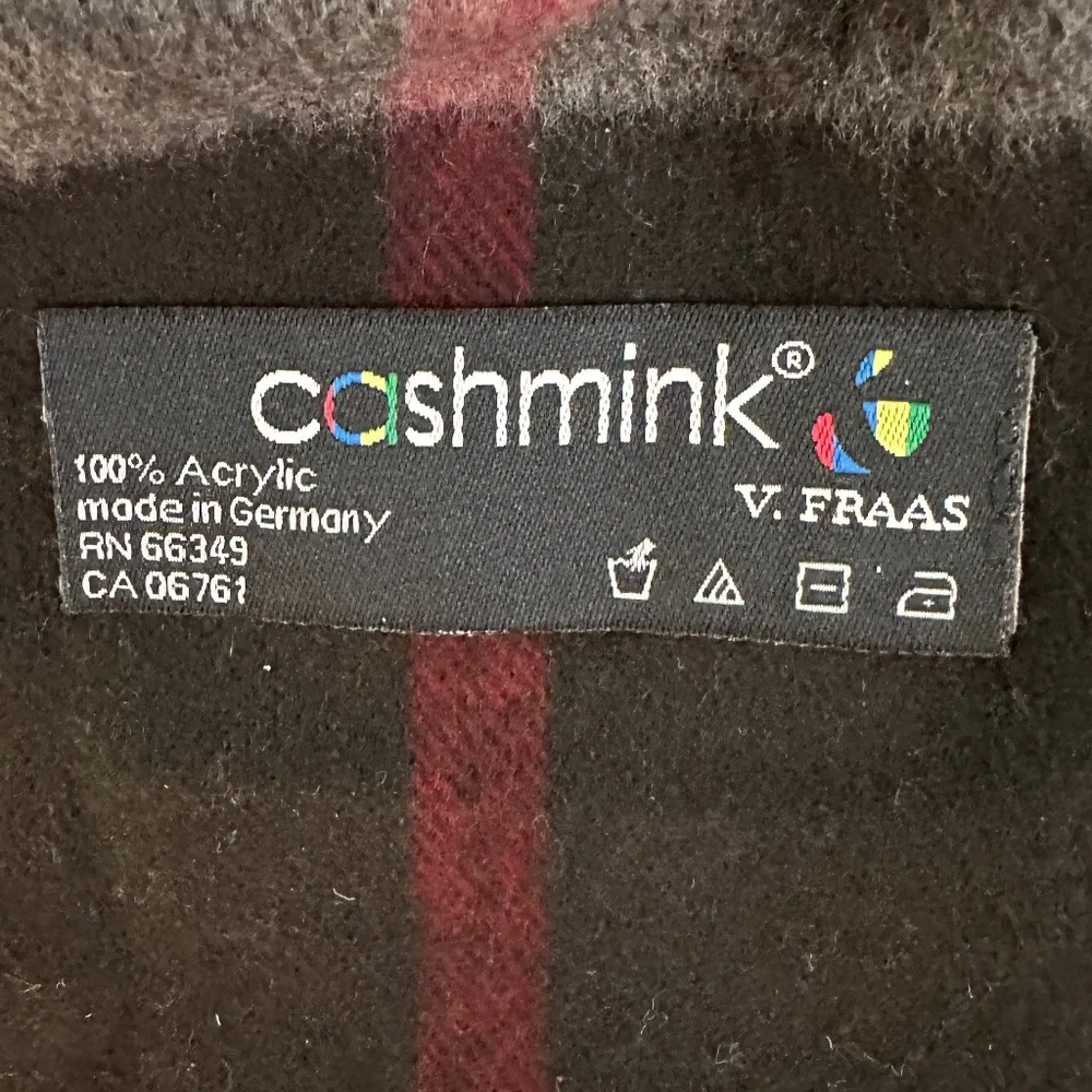 Cashmink V. Fraas Black Gray White Red Plaid Fringe Scarf Made in Germany